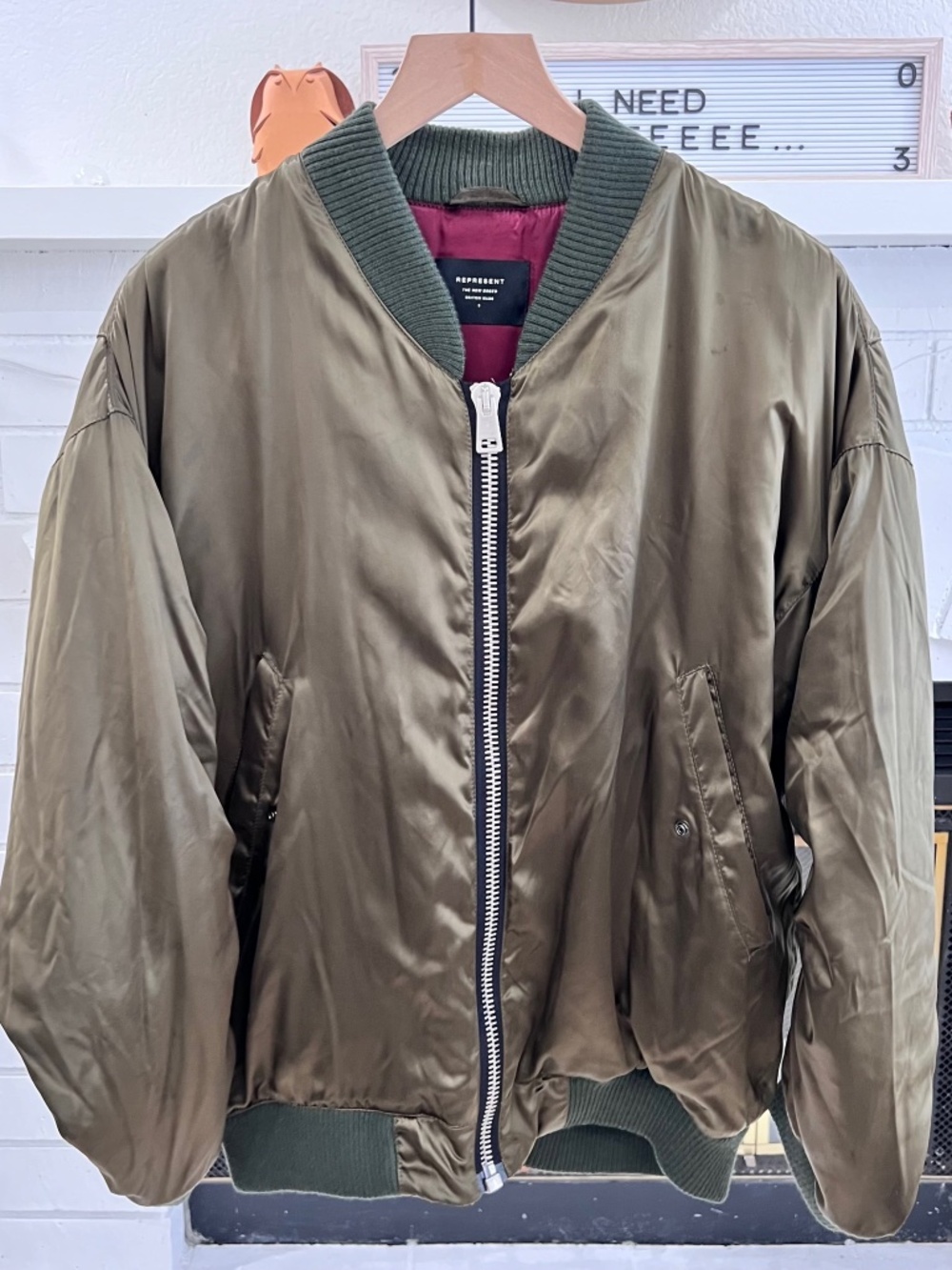 Represent Puffy Satin Olive Bomber Jacket